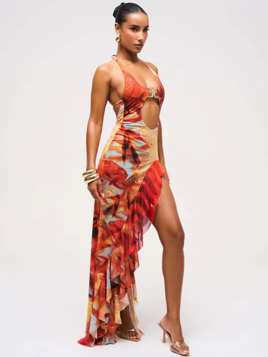 Murci Reef Cutout Maxi Dress In Red & Orange